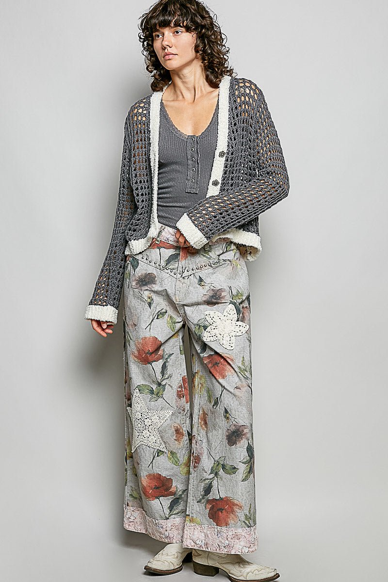 POL Openwork Contrast Cardigan with Floral Metal Button - MegaSuperStar