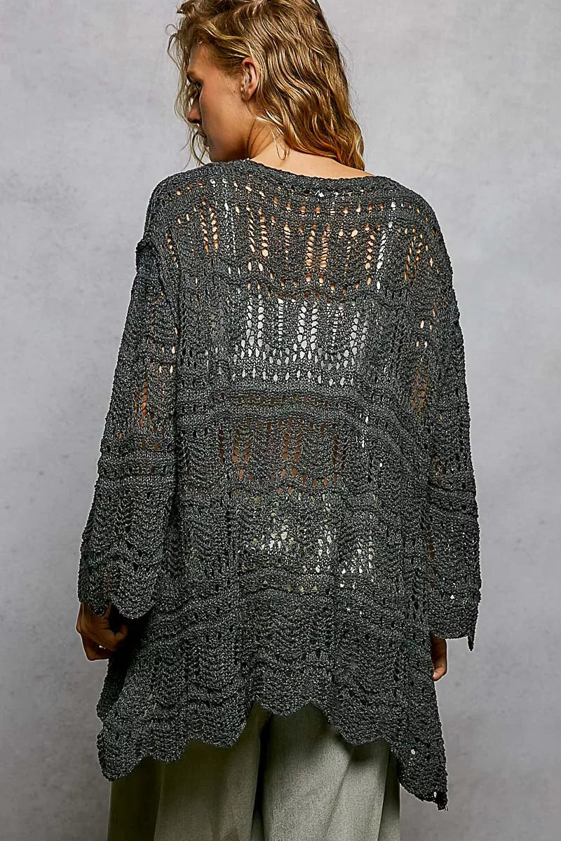 POL Openwork Lightweight Open Front Cardigan with Scalloped Edge - MegaSuperStar
