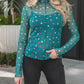 Polka Dot Patterned Bodycon Mock Neck Mesh Long Sleeve Top - MegaSuperStar