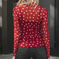 Polka Dot Patterned Bodycon Mock Neck Mesh Long Sleeve Top - MegaSuperStar