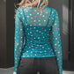 Polka Dot Patterned Bodycon Mock Neck Mesh Long Sleeve Top - MegaSuperStar