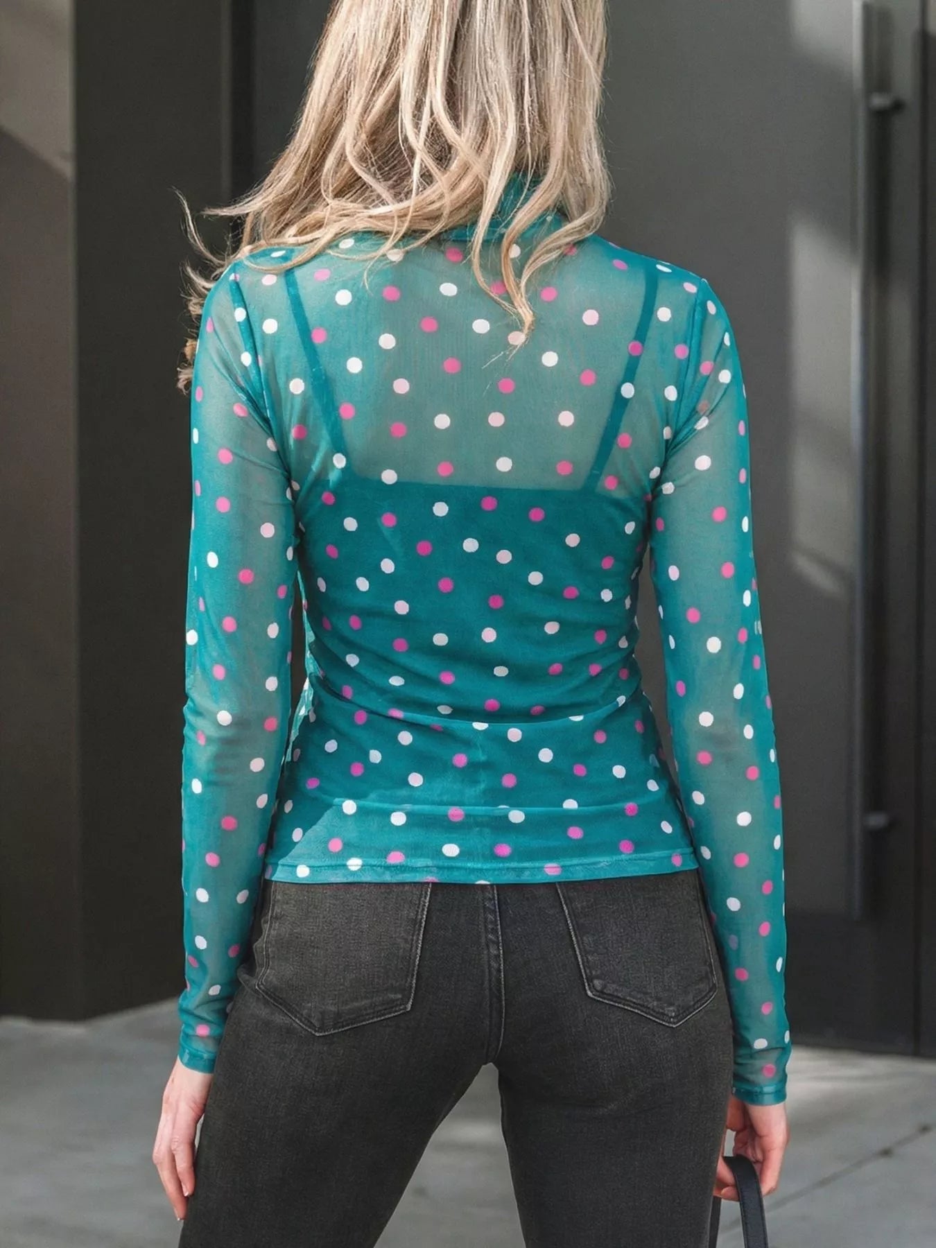 Polka Dot Patterned Bodycon Mock Neck Mesh Long Sleeve Top - MegaSuperStar