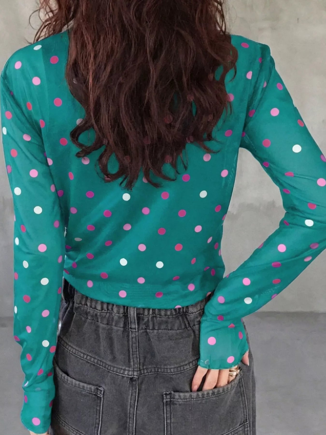 Polka Dot Patterned Bodycon Mock Neck Mesh Long Sleeve Top - MegaSuperStar