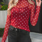 Polka Dot Patterned Bodycon Mock Neck Mesh Long Sleeve Top - MegaSuperStar