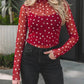 Polka Dot Patterned Bodycon Mock Neck Mesh Long Sleeve Top - MegaSuperStar
