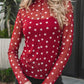 Polka Dot Patterned Bodycon Mock Neck Mesh Long Sleeve Top - MegaSuperStar