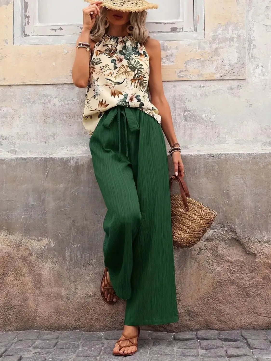 Printed Tank Top and Wide Leg Pants Set - MegaSuperStar