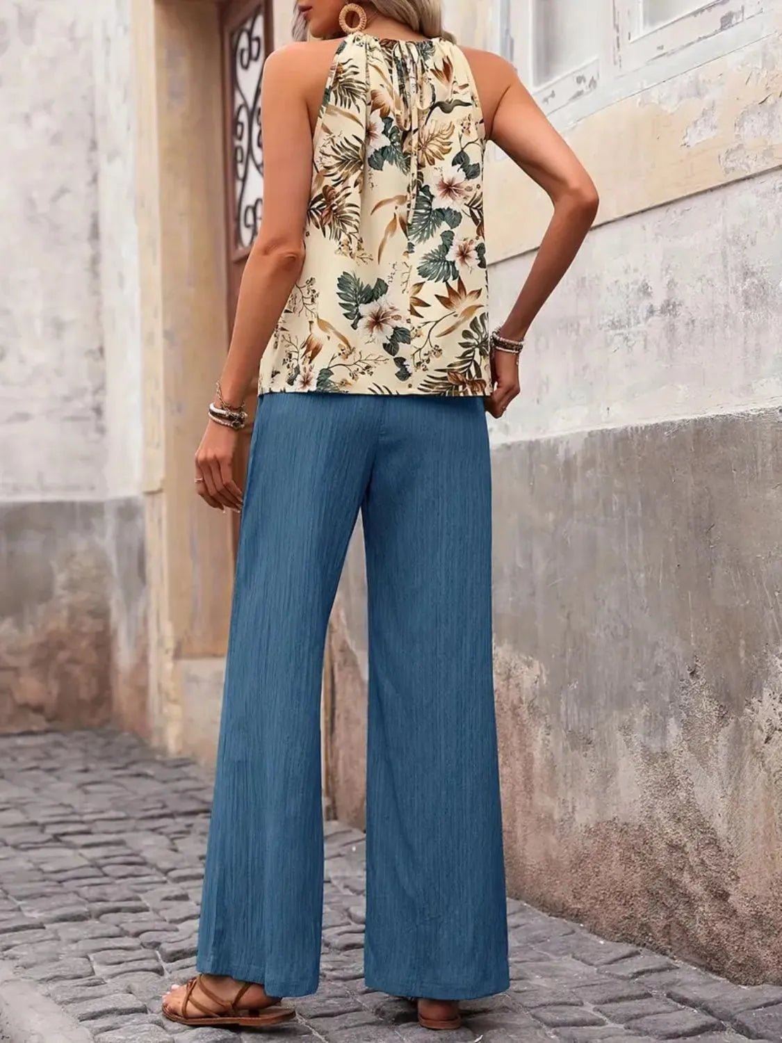 Printed Tank Top and Wide Leg Pants Set - MegaSuperStar