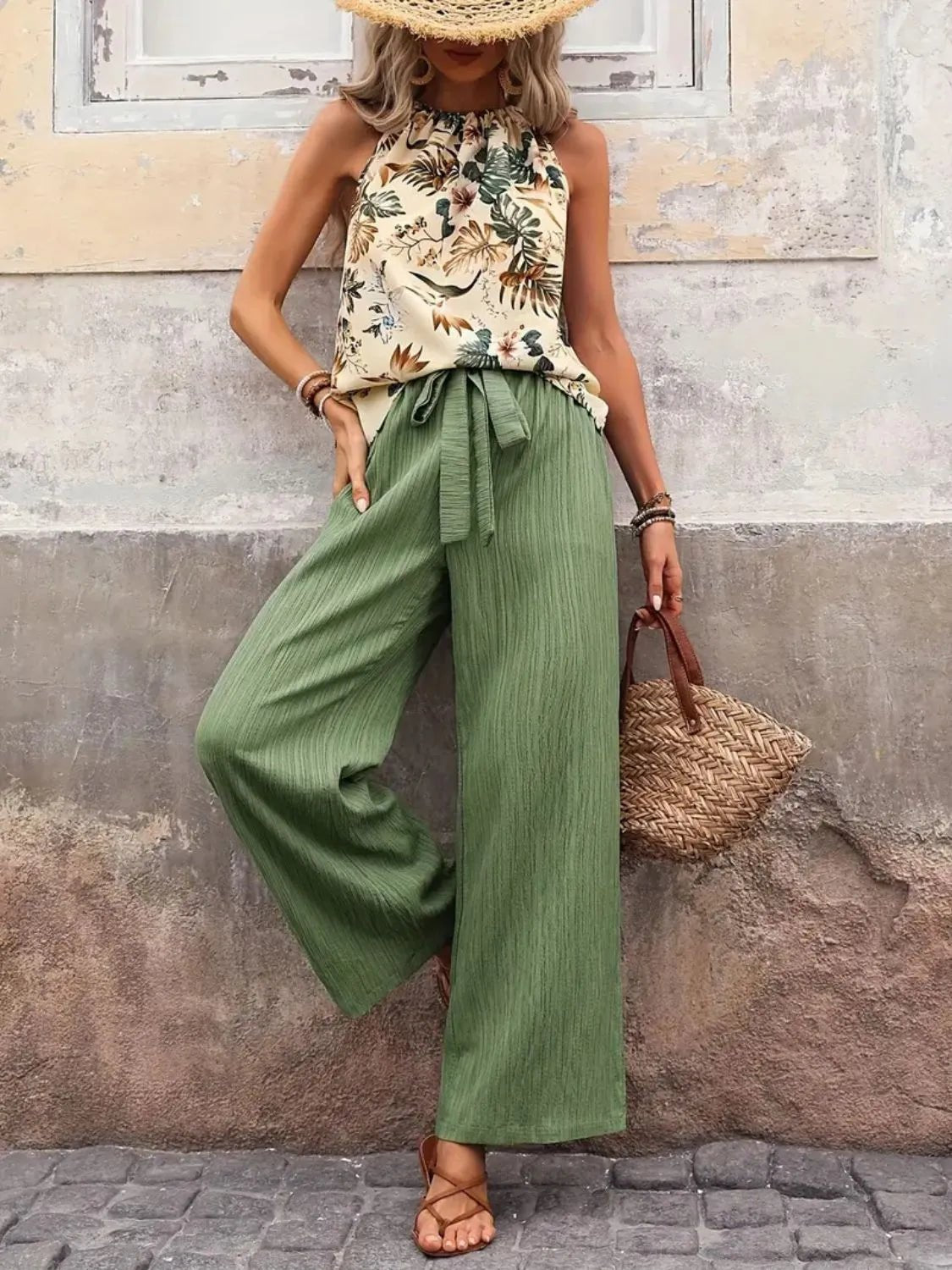 Printed Tank Top and Wide Leg Pants Set - MegaSuperStar