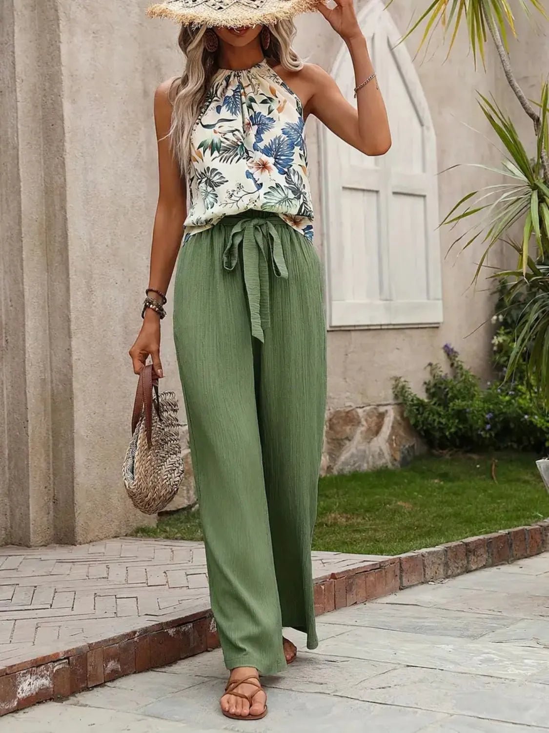Printed Tank Top and Wide Leg Pants Set - MegaSuperStar
