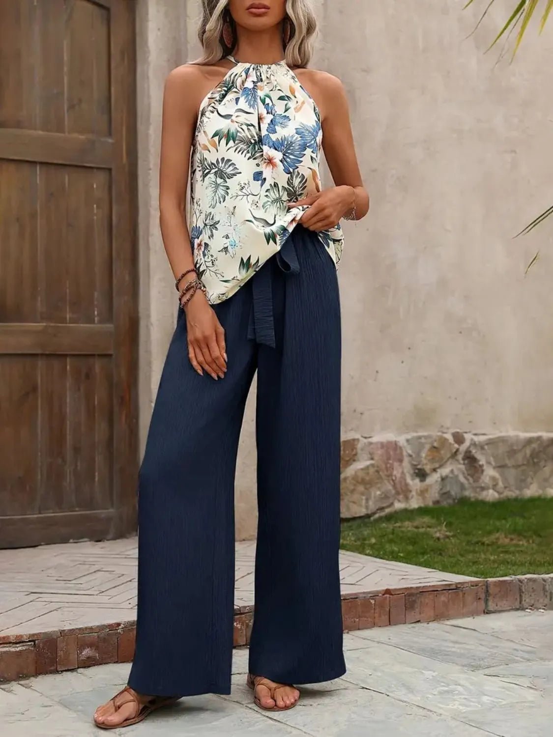 Printed Tank Top and Wide Leg Pants Set - MegaSuperStar