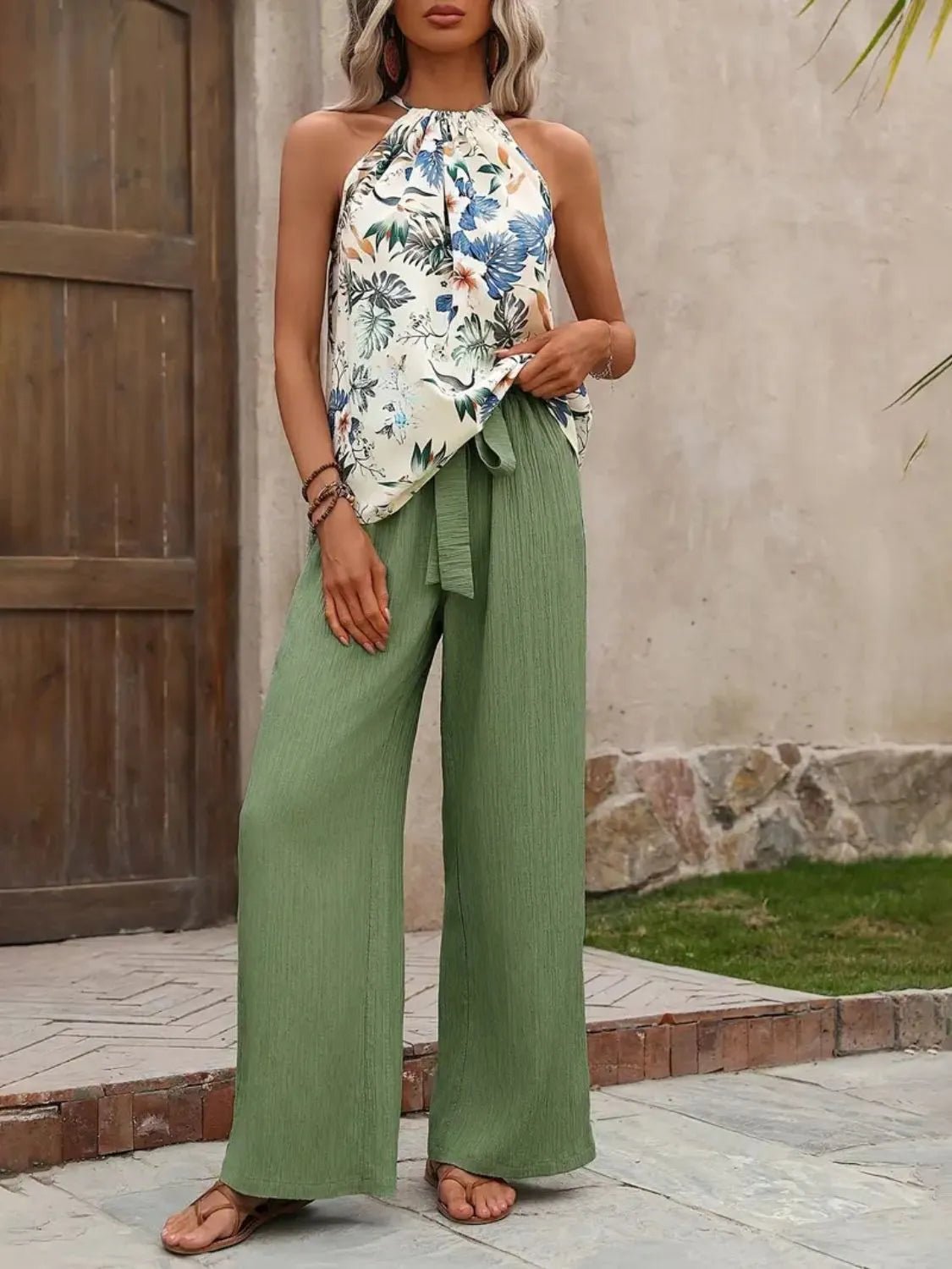 Printed Tank Top and Wide Leg Pants Set - MegaSuperStar