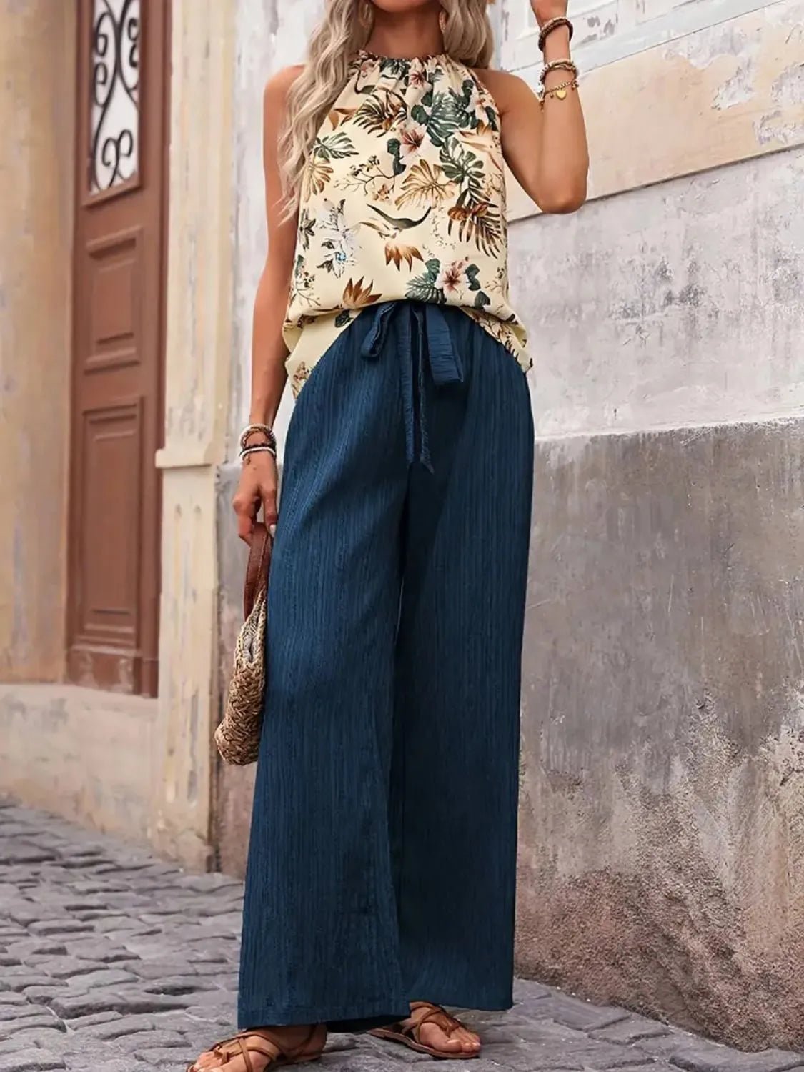 Printed Tank Top and Wide Leg Pants Set - MegaSuperStar