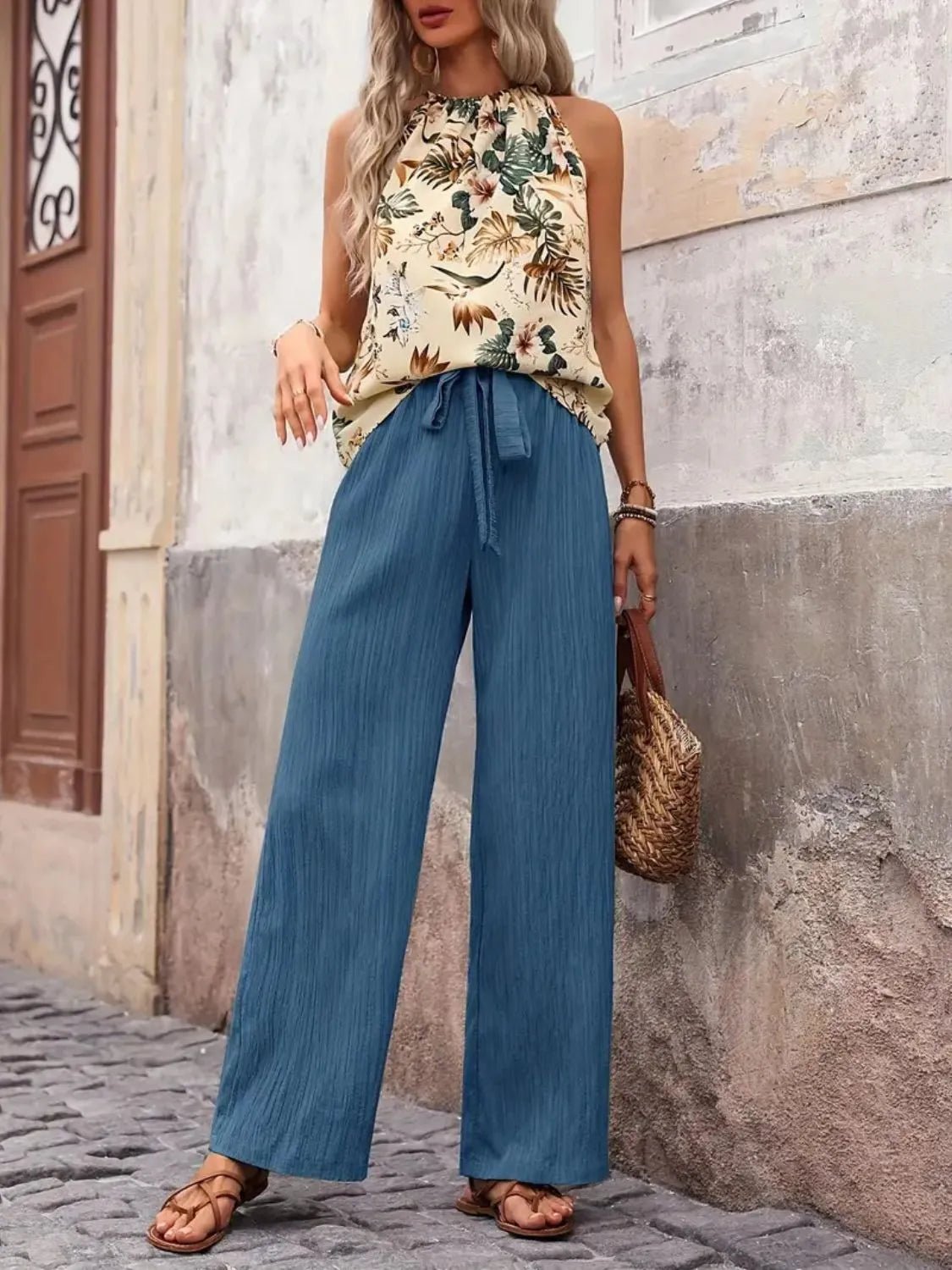 Printed Tank Top and Wide Leg Pants Set - MegaSuperStar
