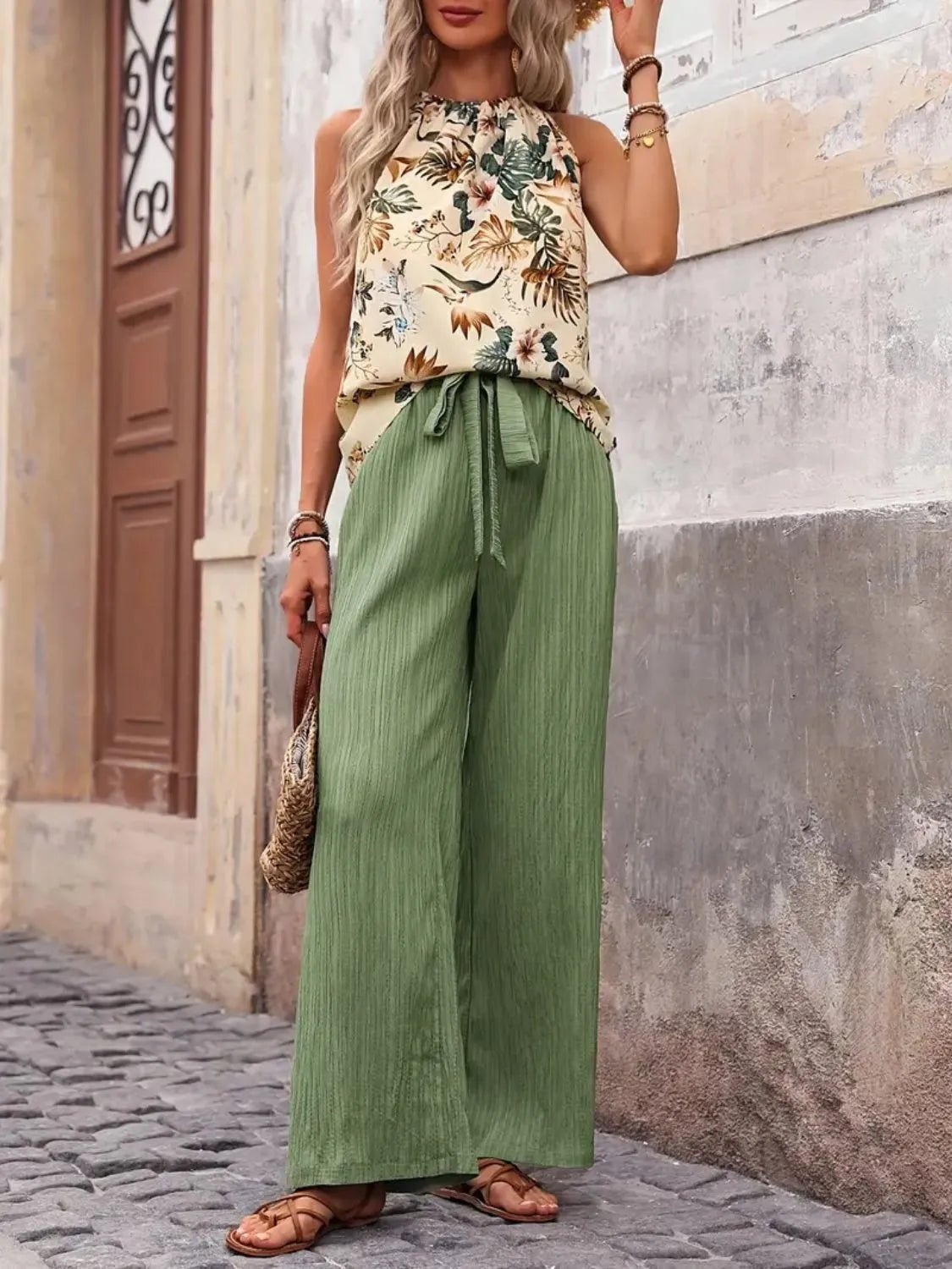 Printed Tank Top and Wide Leg Pants Set - MegaSuperStar