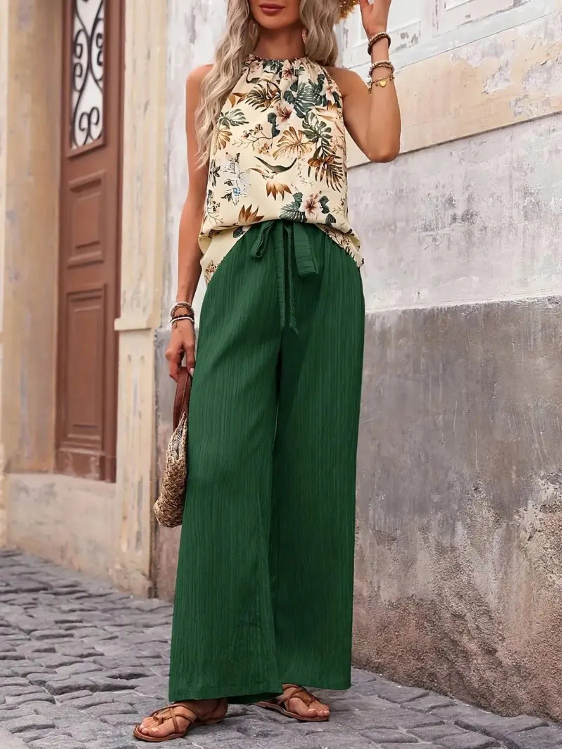 Printed Tank Top and Wide Leg Pants Set - MegaSuperStar