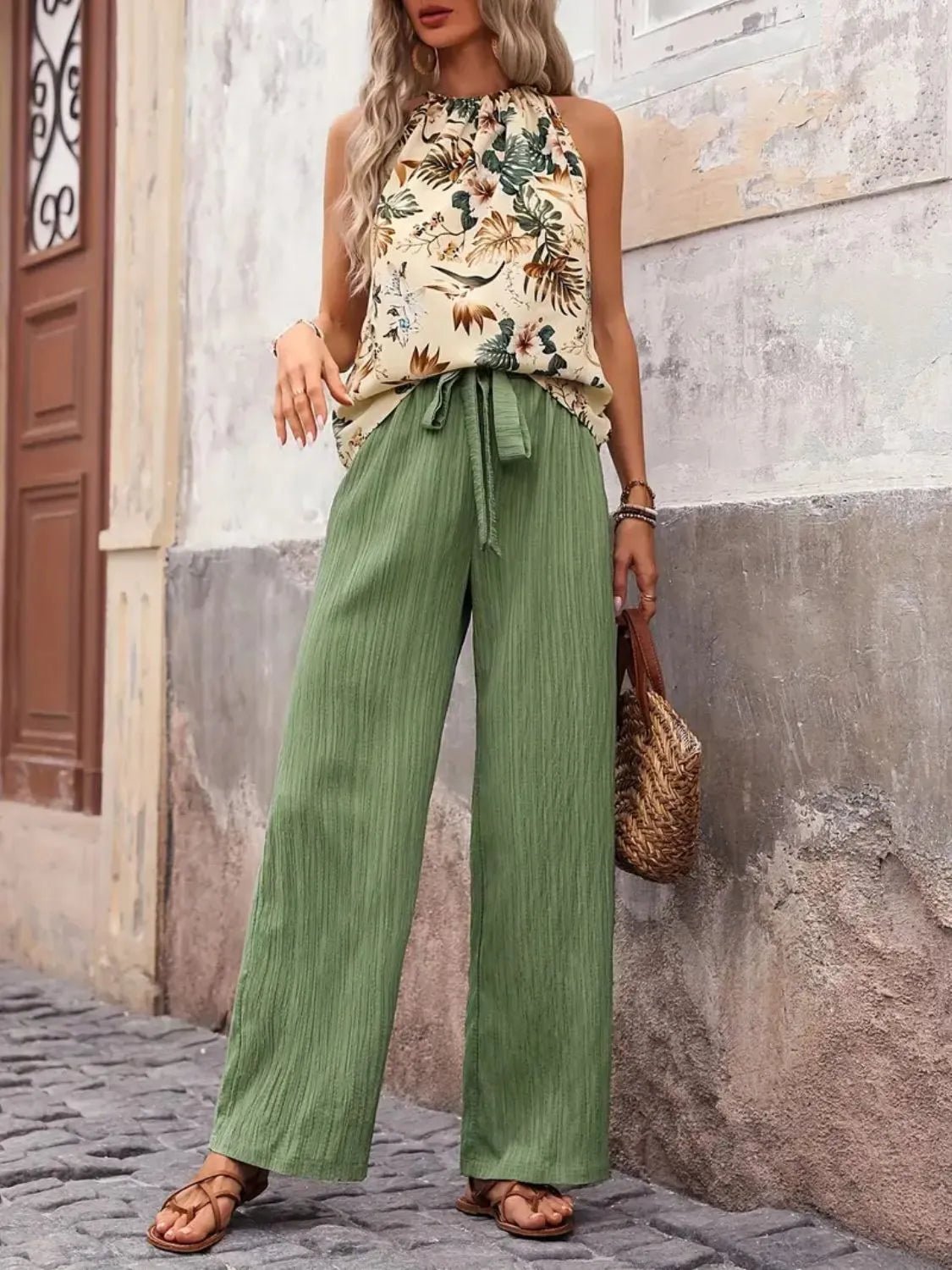 Printed Tank Top and Wide Leg Pants Set - MegaSuperStar