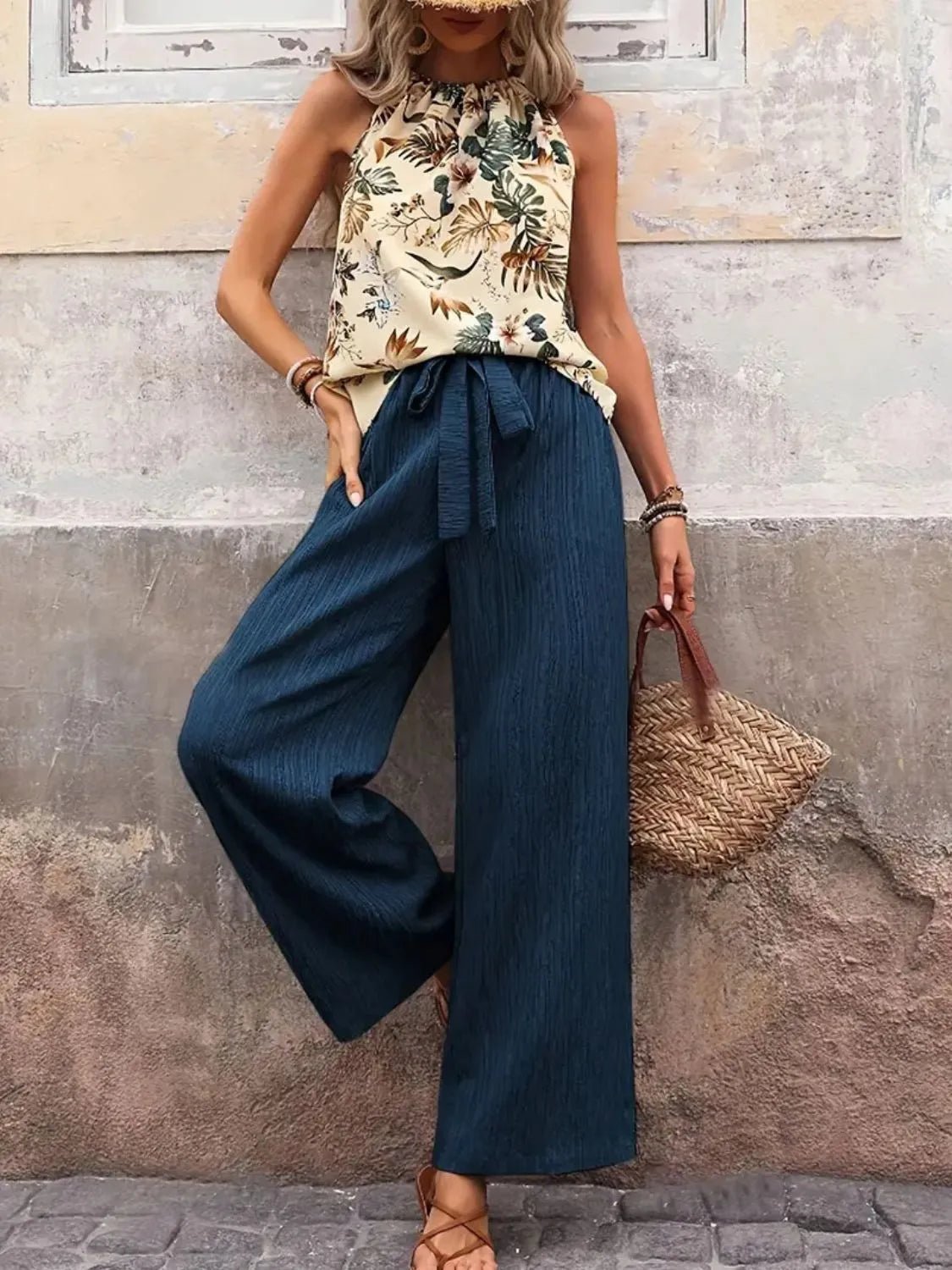 Printed Tank Top and Wide Leg Pants Set - MegaSuperStar