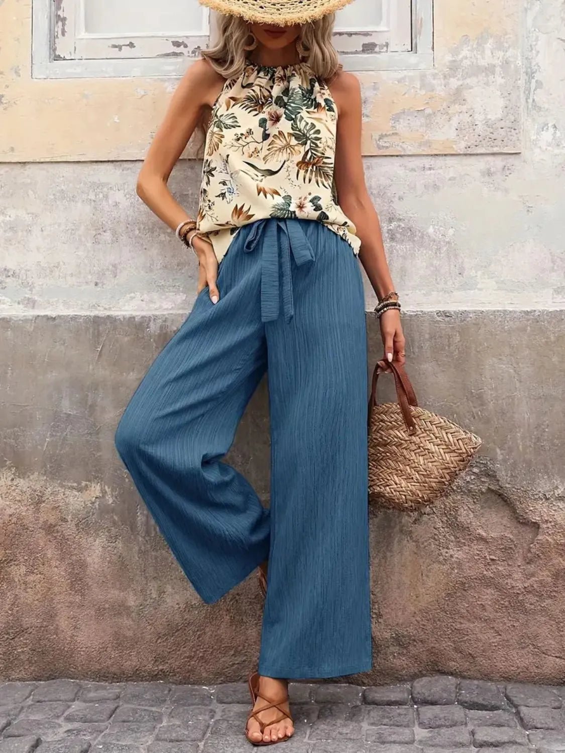 Printed Tank Top and Wide Leg Pants Set - MegaSuperStar