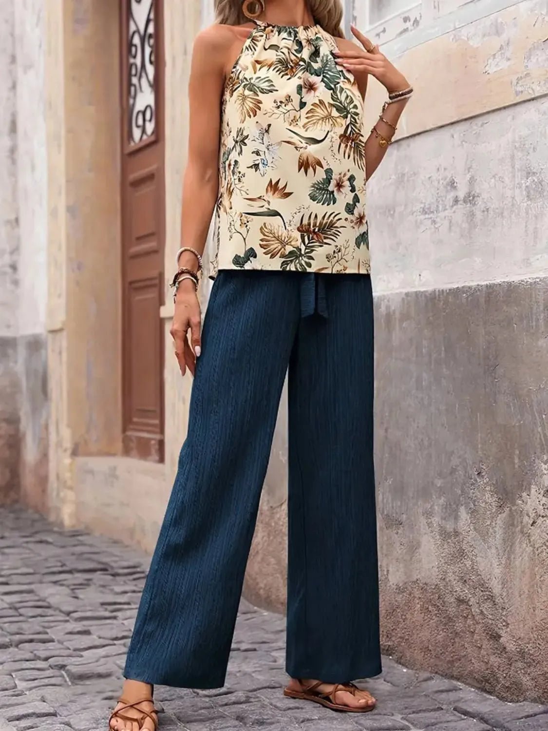 Printed Tank Top and Wide Leg Pants Set - MegaSuperStar