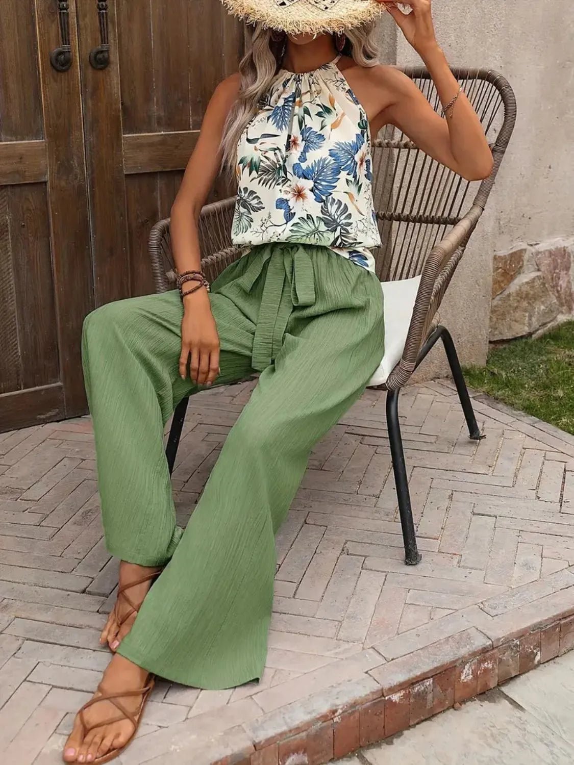 Printed Tank Top and Wide Leg Pants Set - MegaSuperStar