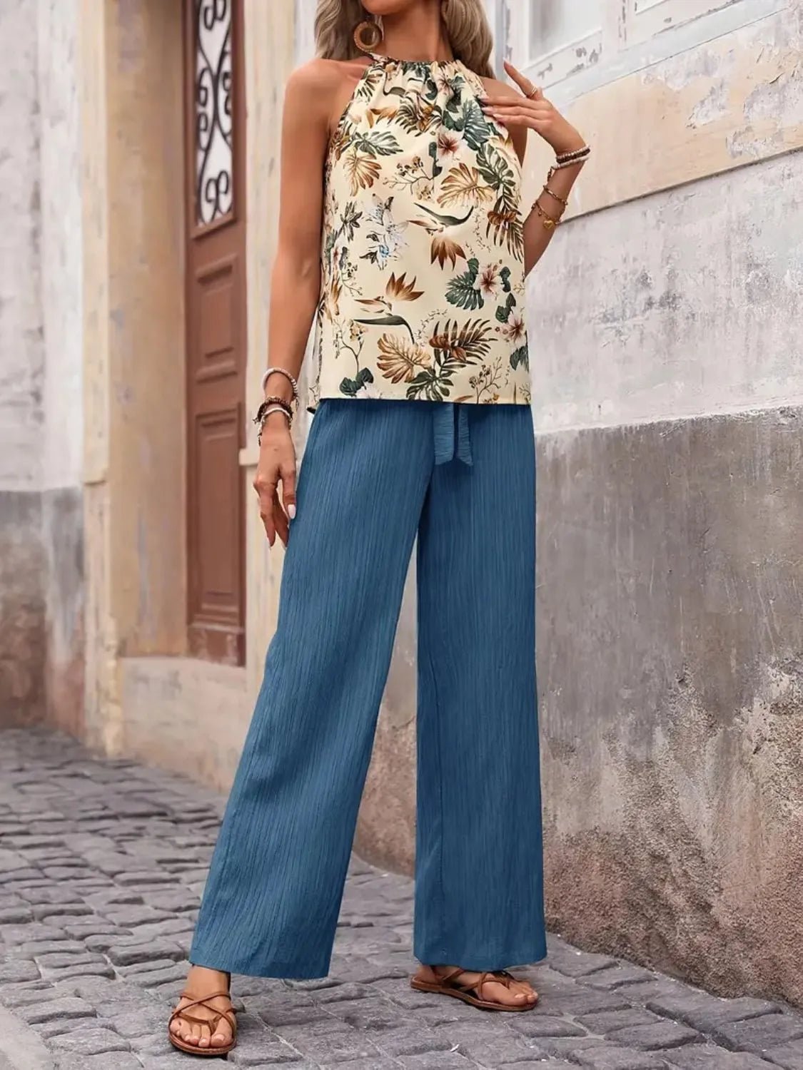 Printed Tank Top and Wide Leg Pants Set - MegaSuperStar