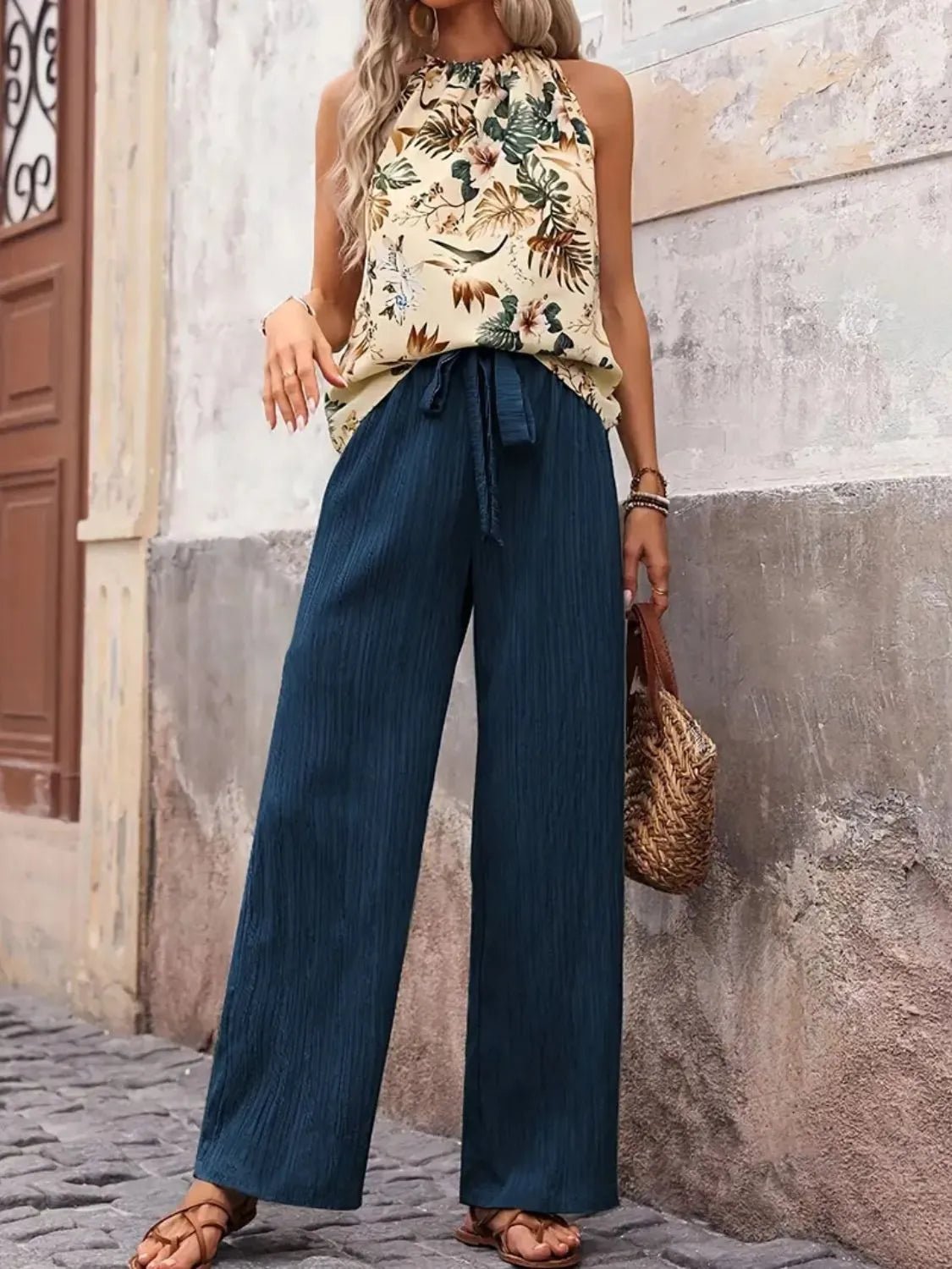 Printed Tank Top and Wide Leg Pants Set - MegaSuperStar