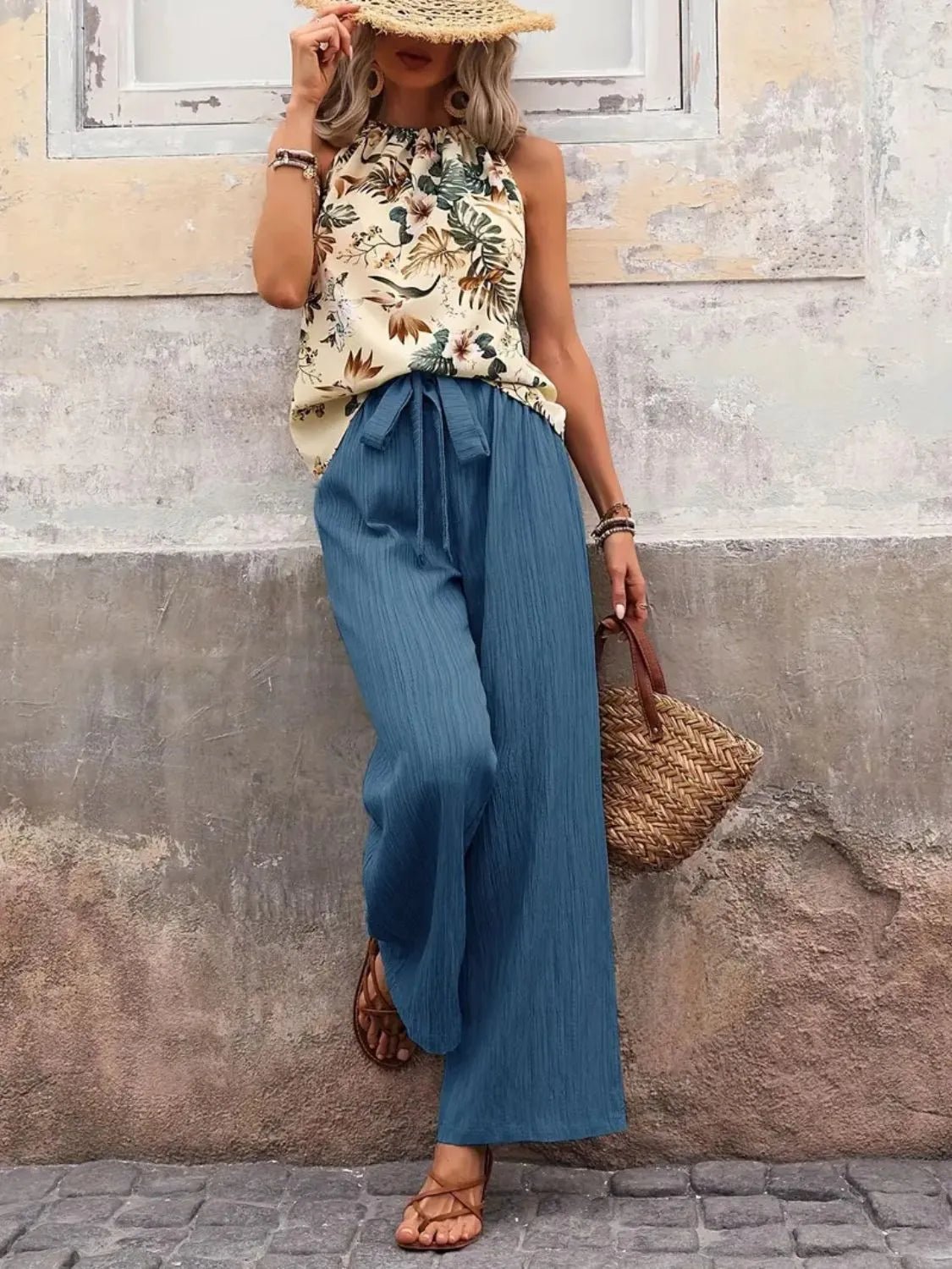 Printed Tank Top and Wide Leg Pants Set - MegaSuperStar