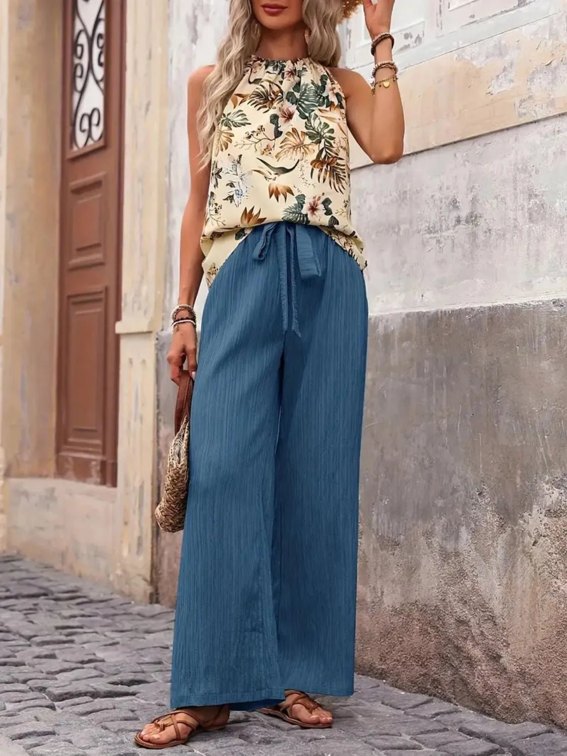 Printed Tank Top and Wide Leg Pants Set - MegaSuperStar