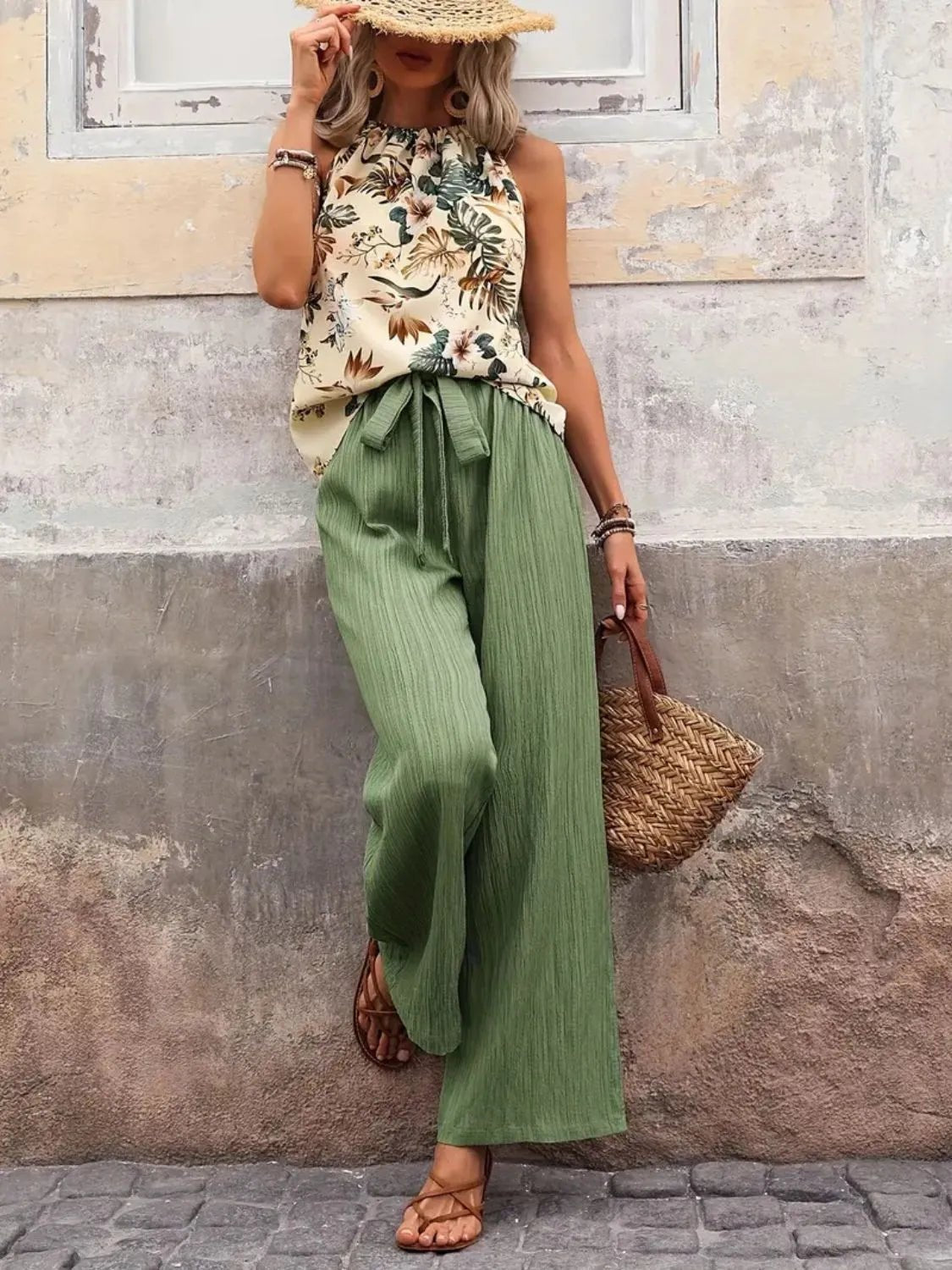 Printed Tank Top and Wide Leg Pants Set - MegaSuperStar