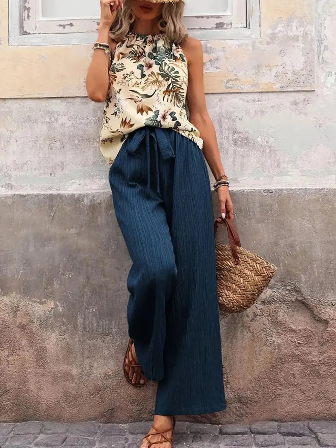 Printed Tank Top and Wide Leg Pants Set - MegaSuperStar