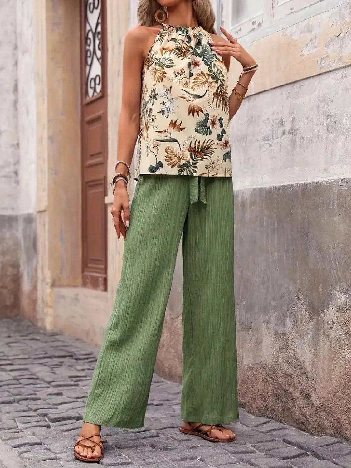 Printed Tank Top and Wide Leg Pants Set - MegaSuperStar