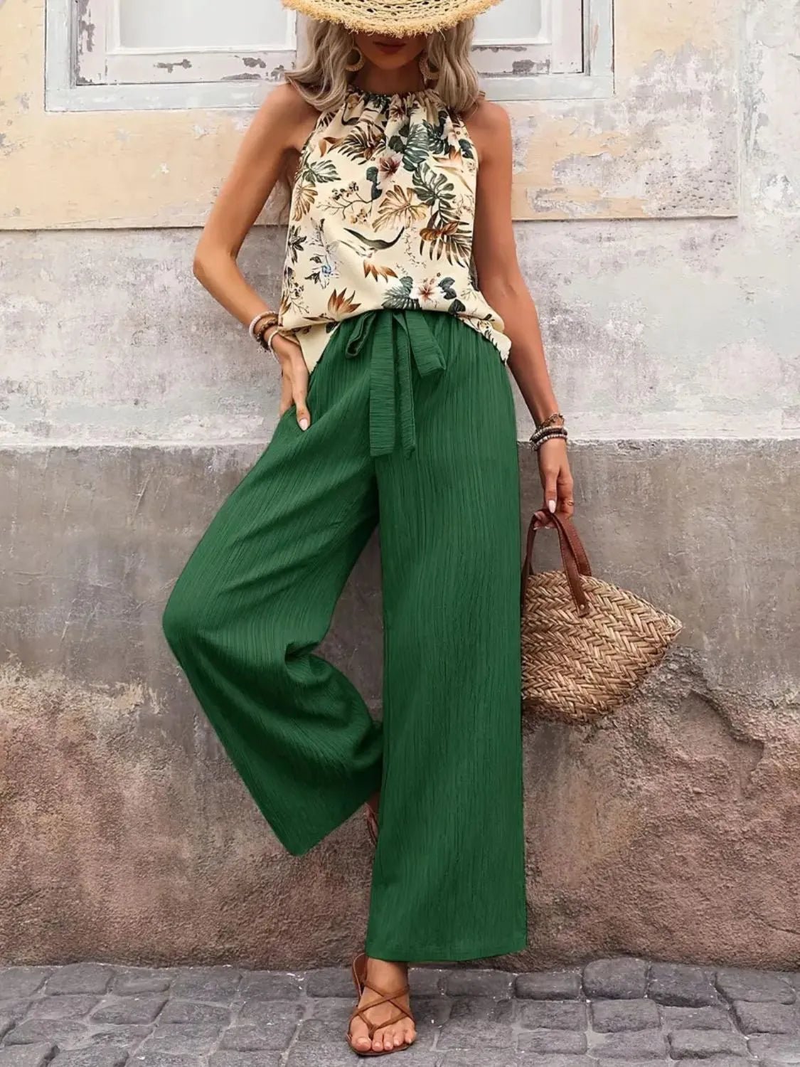 Printed Tank Top and Wide Leg Pants Set - MegaSuperStar