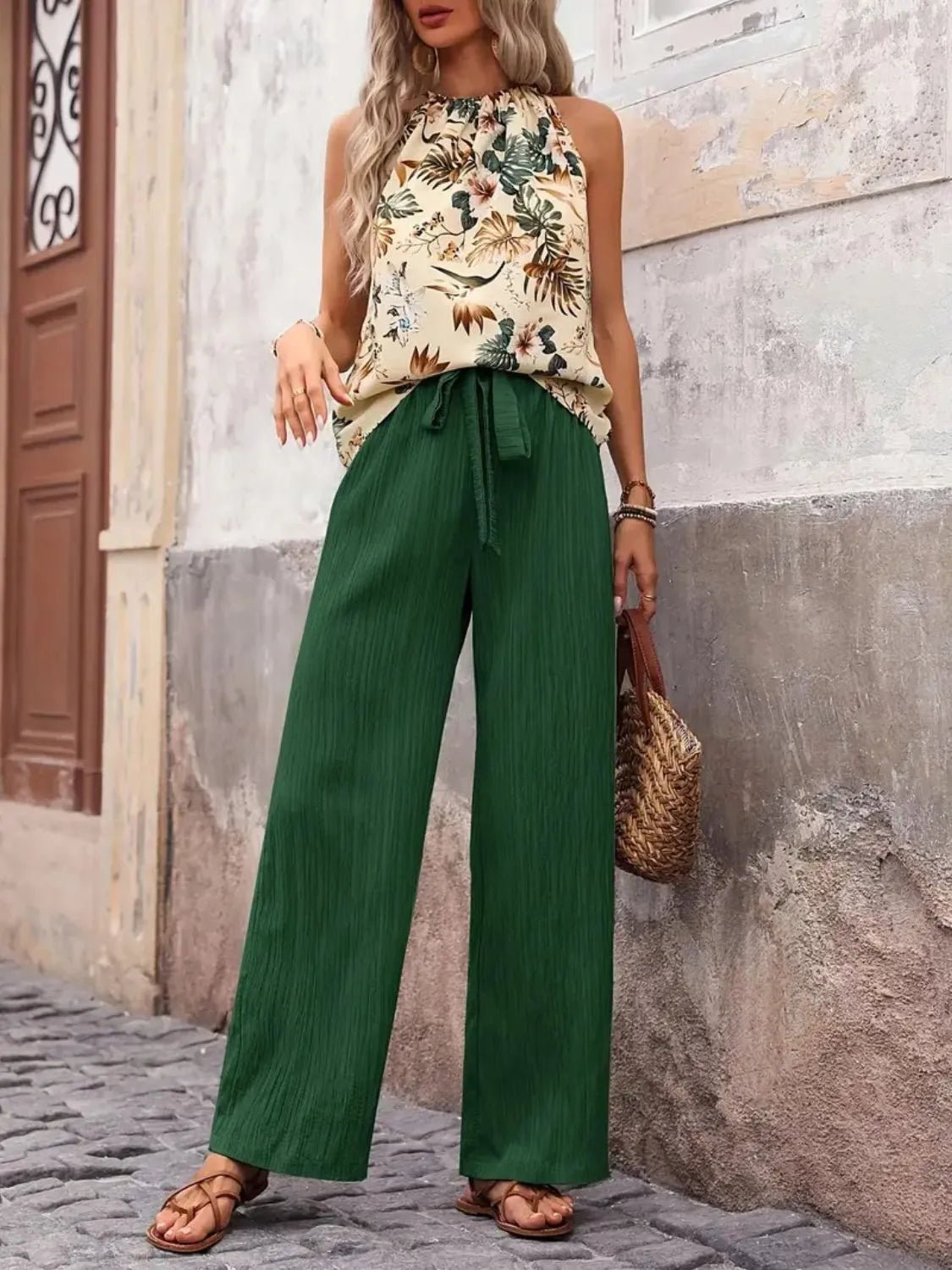 Printed Tank Top and Wide Leg Pants Set - MegaSuperStar