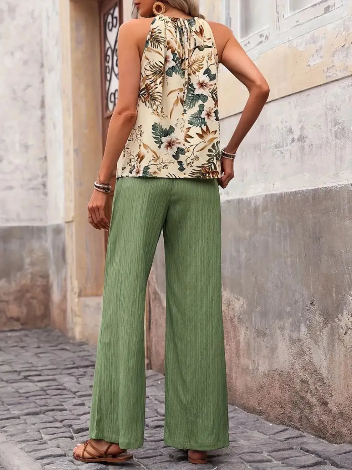 Printed Tank Top and Wide Leg Pants Set - MegaSuperStar