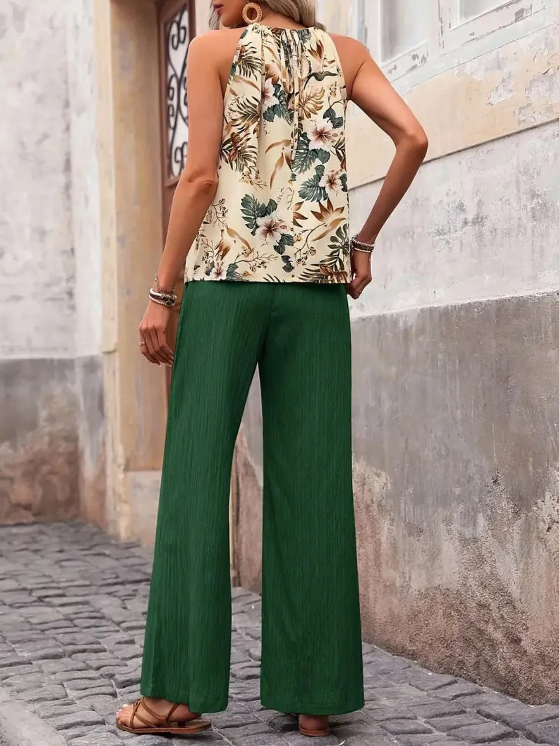 Printed Tank Top and Wide Leg Pants Set - MegaSuperStar