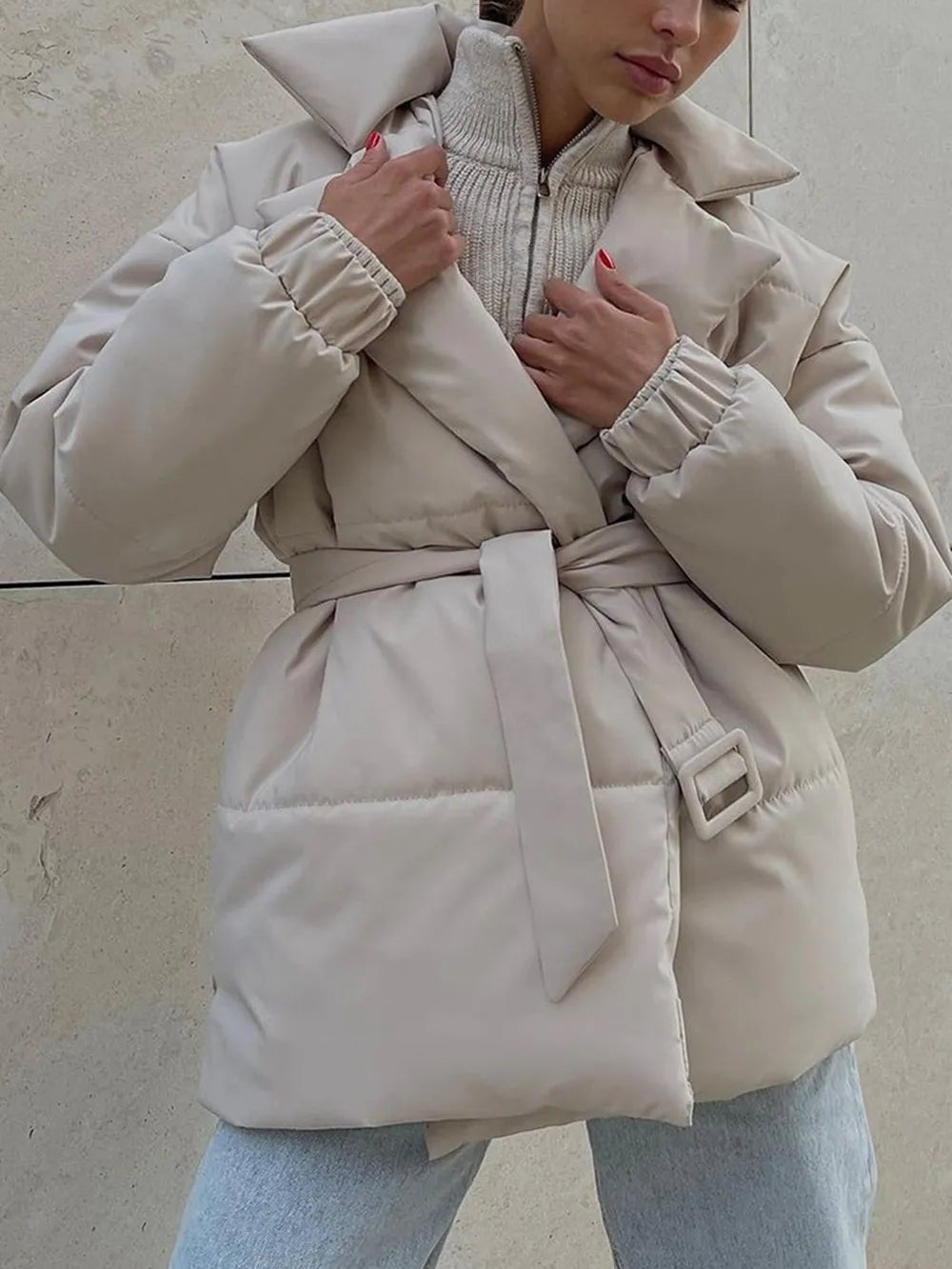 Puffer Long Sleeve Winter Coat with Belt - MegaSuperStar
