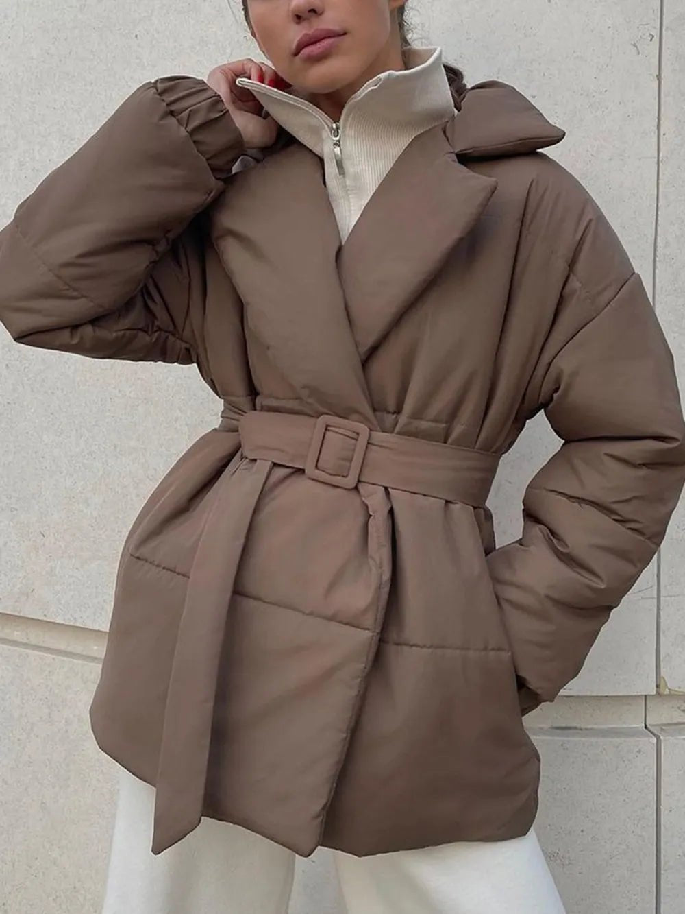 Puffer Long Sleeve Winter Coat with Belt - MegaSuperStar