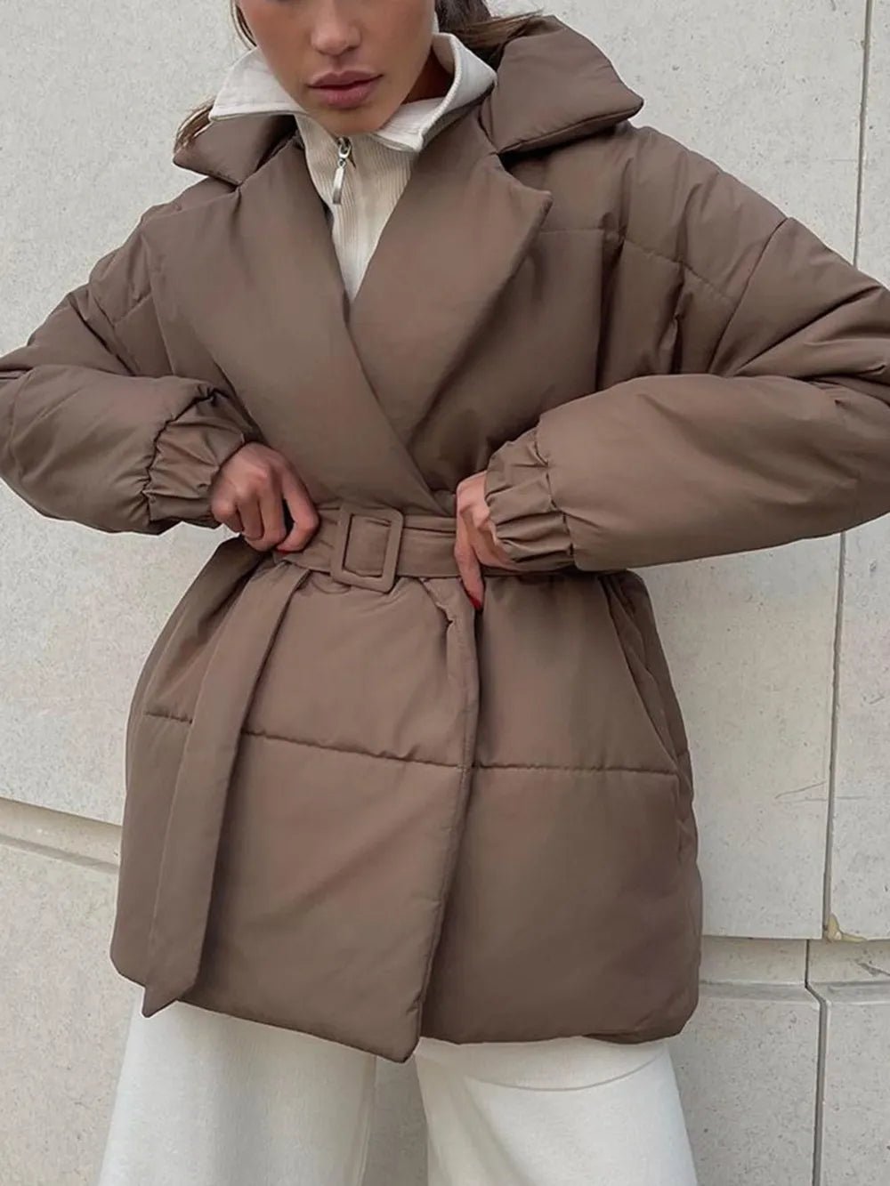 Puffer Long Sleeve Winter Coat with Belt - MegaSuperStar