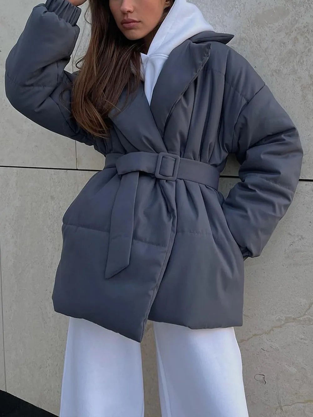 Puffer Long Sleeve Winter Coat with Belt - MegaSuperStar