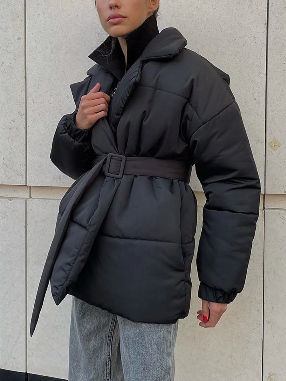 Puffer Long Sleeve Winter Coat with Belt - MegaSuperStar