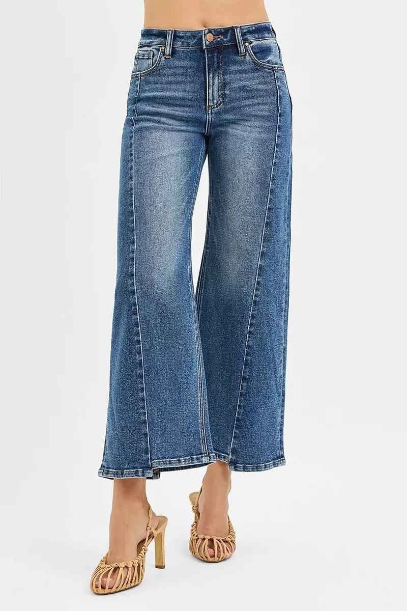 RISEN High Rise Crop Wide Leg Jeans with Step Hem - Trendy & Comfortable - MegaSuperStar