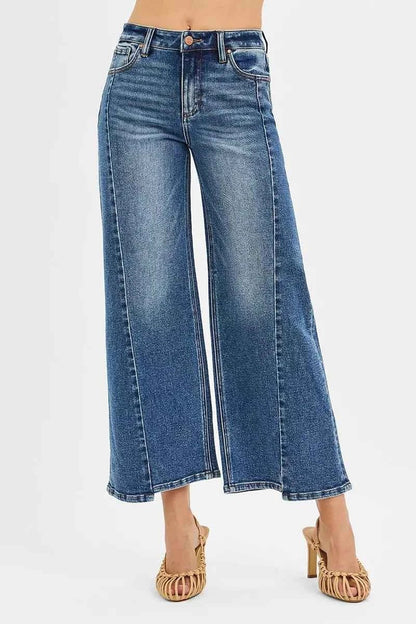 RISEN High Rise Crop Wide Leg Jeans with Step Hem - Trendy & Comfortable - MegaSuperStar
