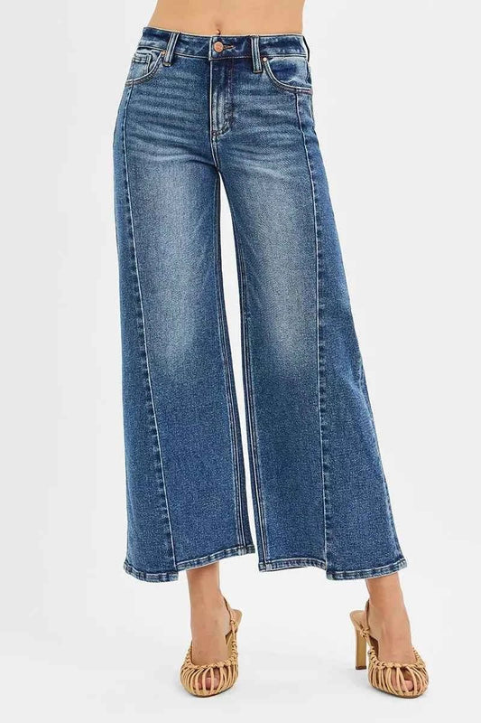 RISEN High Rise Crop Wide Leg Jeans with Step Hem - Trendy & Comfortable - MegaSuperStar