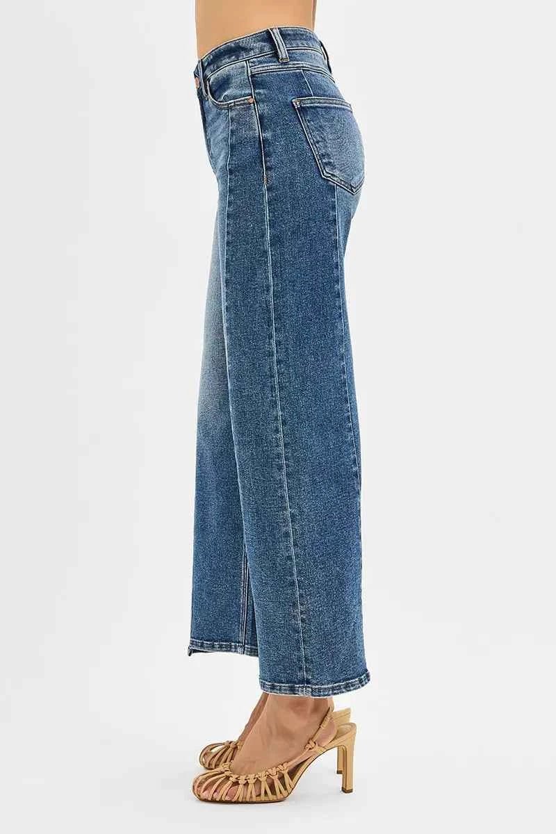 RISEN High Rise Crop Wide Leg Jeans with Step Hem - Trendy & Comfortable - MegaSuperStar