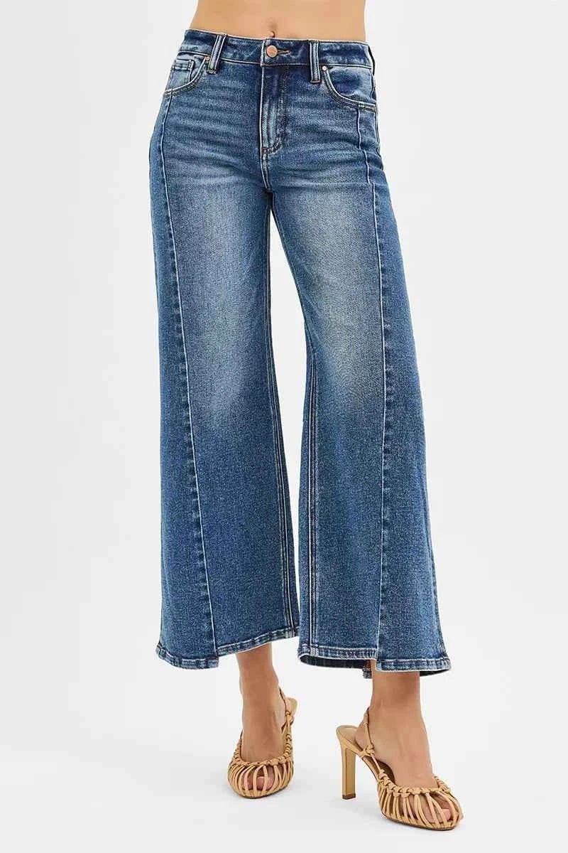 RISEN High Rise Crop Wide Leg Jeans with Step Hem - Trendy & Comfortable - MegaSuperStar