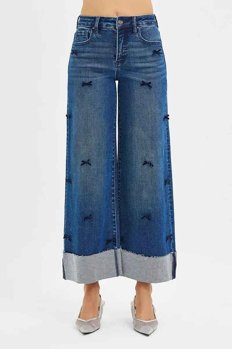RISEN High Rise Crop Wide Leg Ribbon Detail Jeans for Effortless Style - Perfect Ribbon Detail Wide Leg Jeans - MegaSuperStar