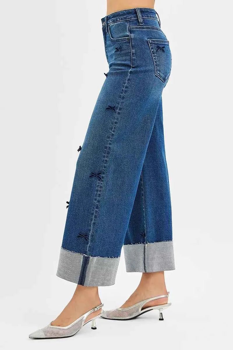 RISEN High Rise Crop Wide Leg Ribbon Detail Jeans for Effortless Style - Perfect Ribbon Detail Wide Leg Jeans - MegaSuperStar