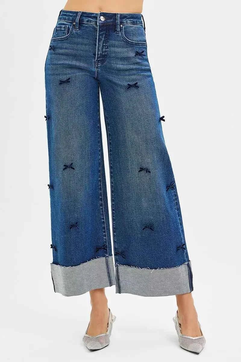 RISEN High Rise Crop Wide Leg Ribbon Detail Jeans for Effortless Style - Perfect Ribbon Detail Wide Leg Jeans - MegaSuperStar