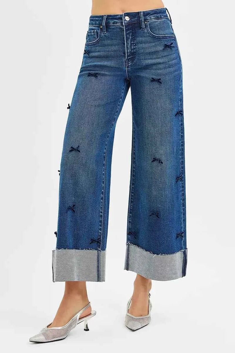 RISEN High Rise Crop Wide Leg Ribbon Detail Jeans for Effortless Style - Perfect Ribbon Detail Wide Leg Jeans - MegaSuperStar